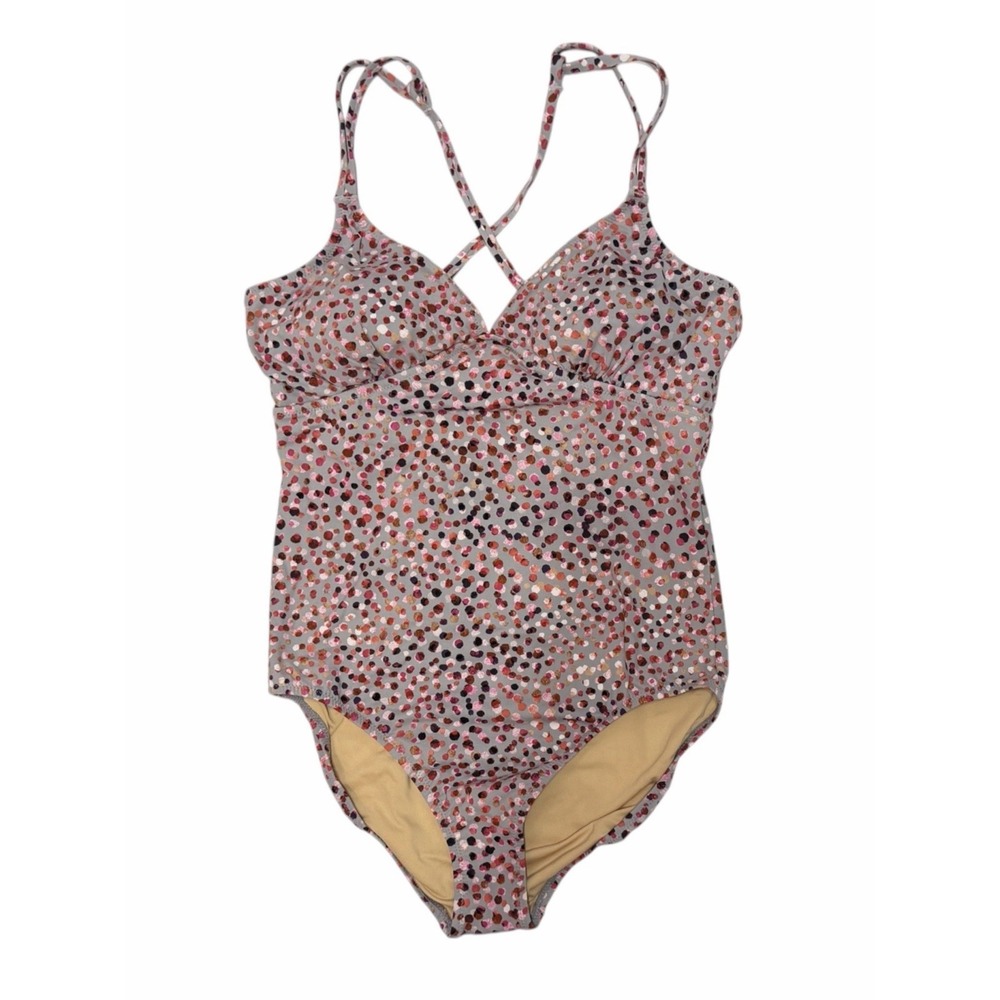 Garnet Hill New One Piece Swimsuit Size 14 Tummy Control Grey Polkadot Strappy
